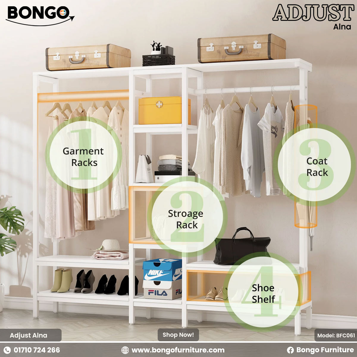 White garment rack with clothing, storage boxes, and shoes against a neutral wall.