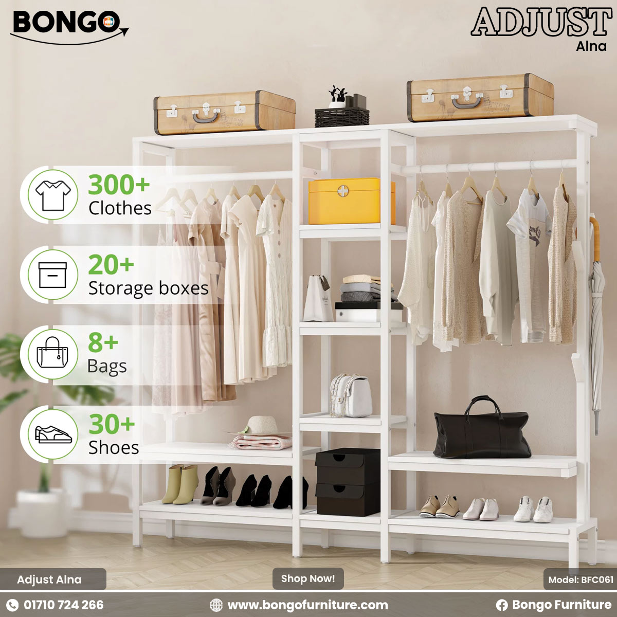 White wardrobe with clothes, shoes, and storage boxes on a light background