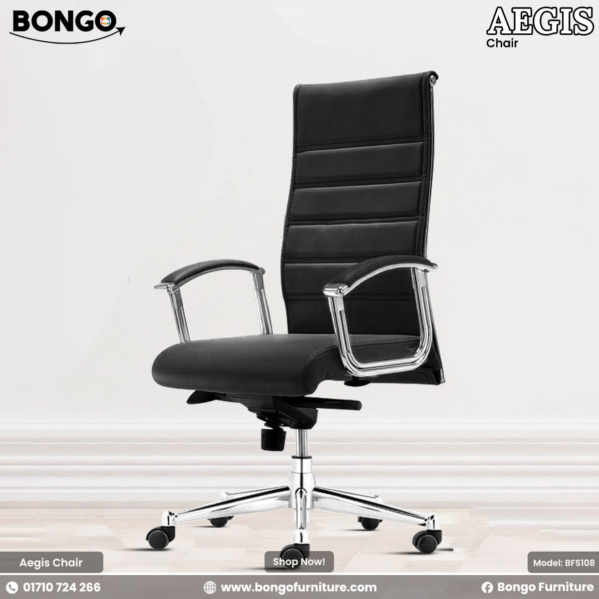 Black office chair with silver accents on a light background, featuring Bongo Furniture branding.