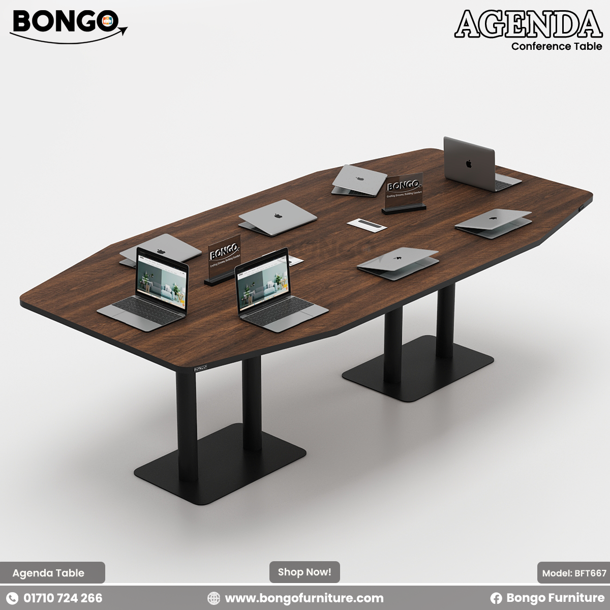 A conference room setting featuring the Agenda Conference Table with a dark Water Resistant Strong Laminated Board finish, accompanied by black office chairs and laptops on the table.