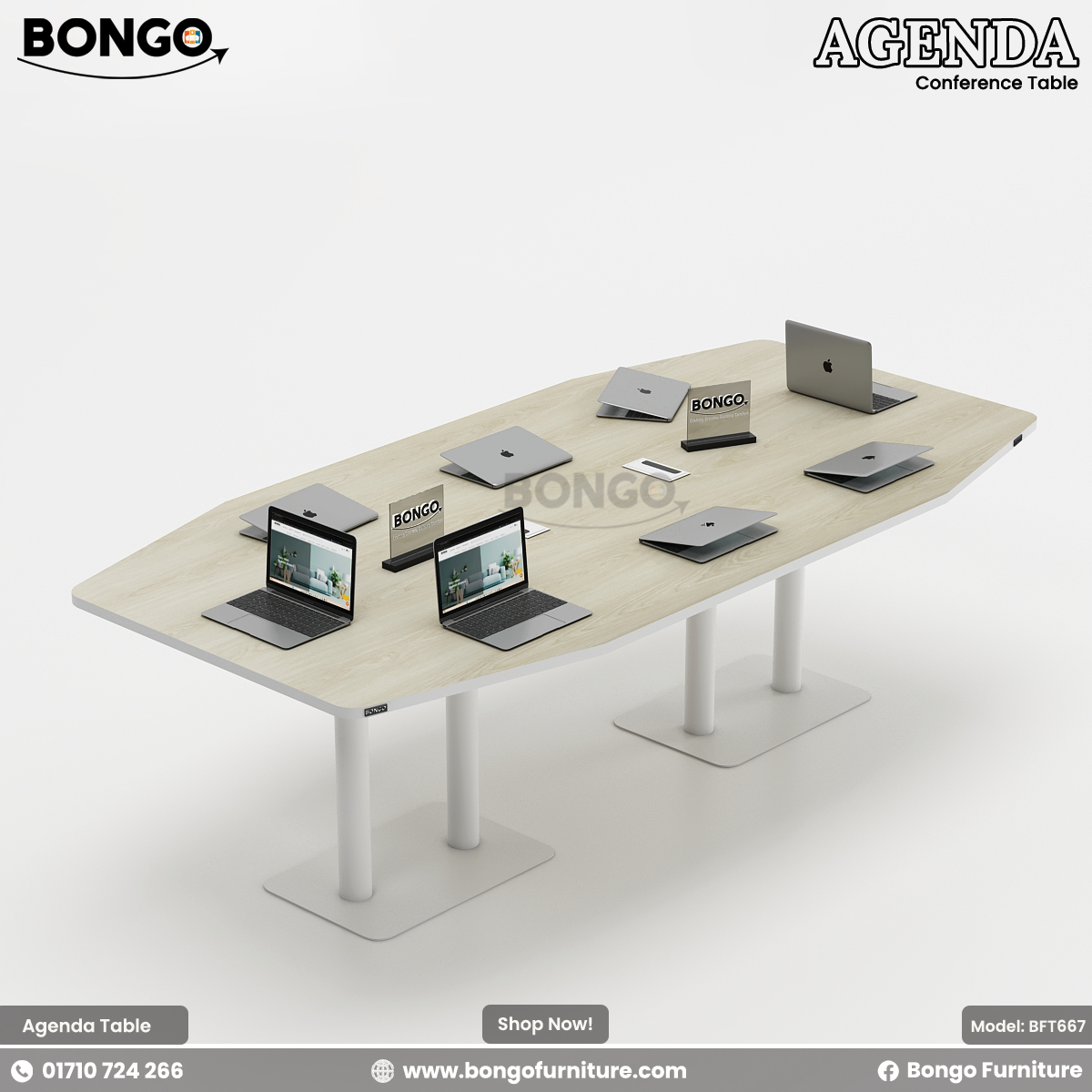 A conference room setting featuring the Agenda Conference Table with a dark Water Resistant Strong Laminated Board finish, accompanied by black office chairs and laptops on the table.