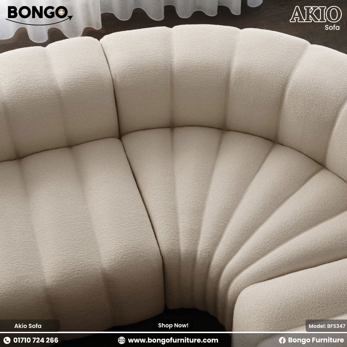An L-shaped Akio sofa upholstered in beige fabric, featuring a plush design with deep seat cushions and a low-profile structure.