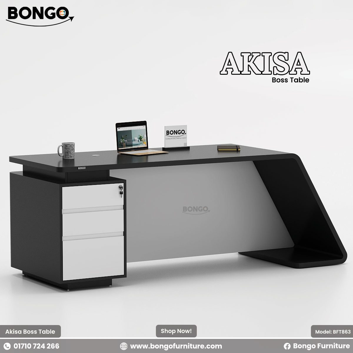 A promotional image of a modern executive desk, branded "AKISA Boss Table". The desk has a black top and a sleek, contemporary design. One side is supported by a solid, curved black leg, while the other rests on a black pedestal with three white drawers. On the desktop, there is an open laptop, a mug, and a small notebook. The "BONGO" logo is displayed in the top-left corner and on a small sign on the desk.