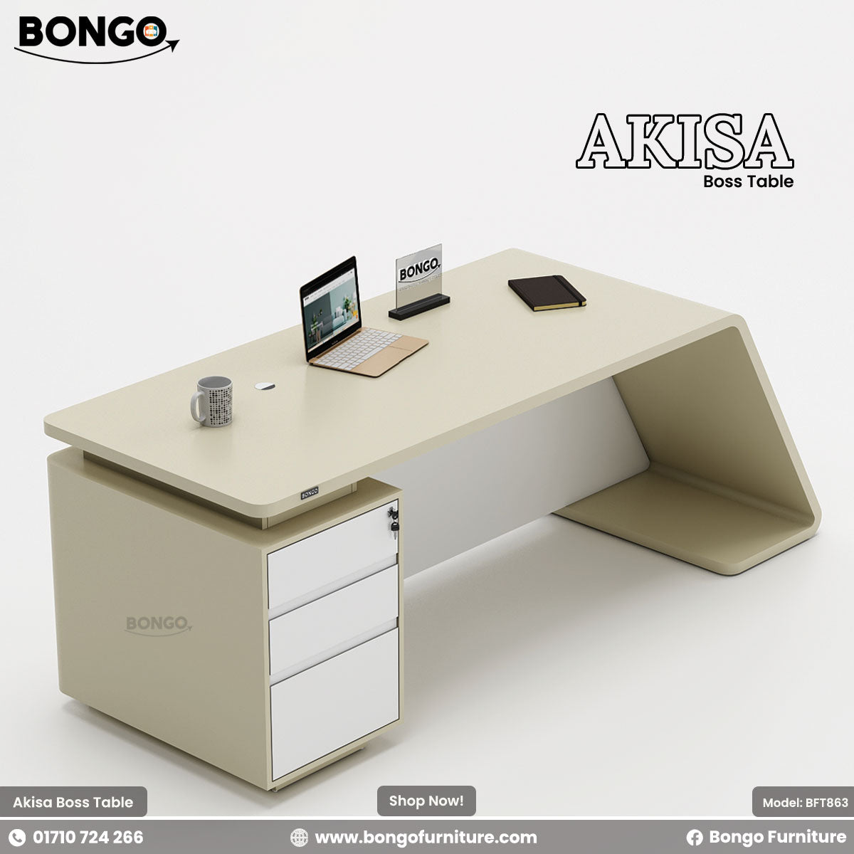 A promotional image showcasing the "AKISA Boss Table," a modern executive desk. The desk is a light beige or cream color with a minimalist, flowing design. The desktop curves down on the left side to form a thick, angled leg. On the right, it is supported by a matching rectangular pedestal. A white modesty panel is set between the supports. On the desk are a laptop, a mug, and a notebook. The "BONGO" and "AKISA" brand names are in the top corners.