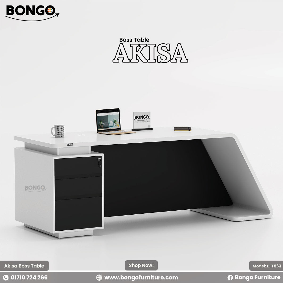 A promotional image of a modern executive desk, branded "AKISA Boss Table". The desk has a black top and a sleek, contemporary design. One side is supported by a solid, curved black leg, while the other rests on a black pedestal with three white drawers. On the desktop, there is an open laptop, a mug, and a small notebook. The "BONGO" logo is displayed in the top-left corner and on a small sign on the desk.