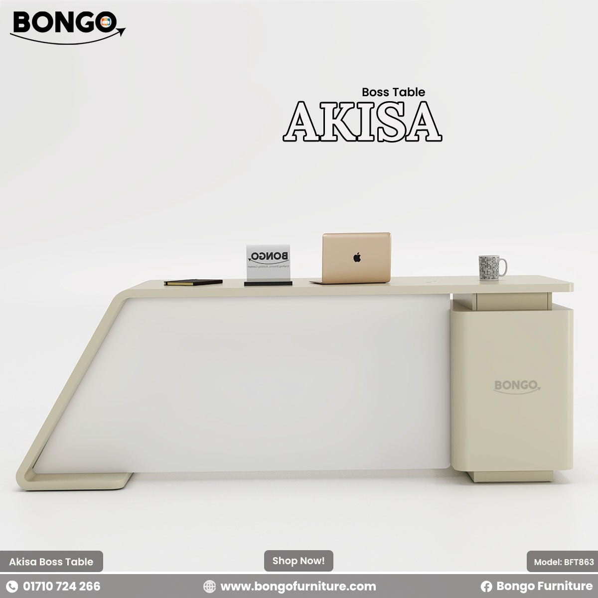 A promotional image showcasing the "AKISA Boss Table," a modern executive desk. The desk is a light beige or cream color with a minimalist, flowing design. The desktop curves down on the left side to form a thick, angled leg. On the right, it is supported by a matching rectangular pedestal. A white modesty panel is set between the supports. On the desk are a laptop, a mug, and a notebook. The "BONGO" and "AKISA" brand names are in the top corners.