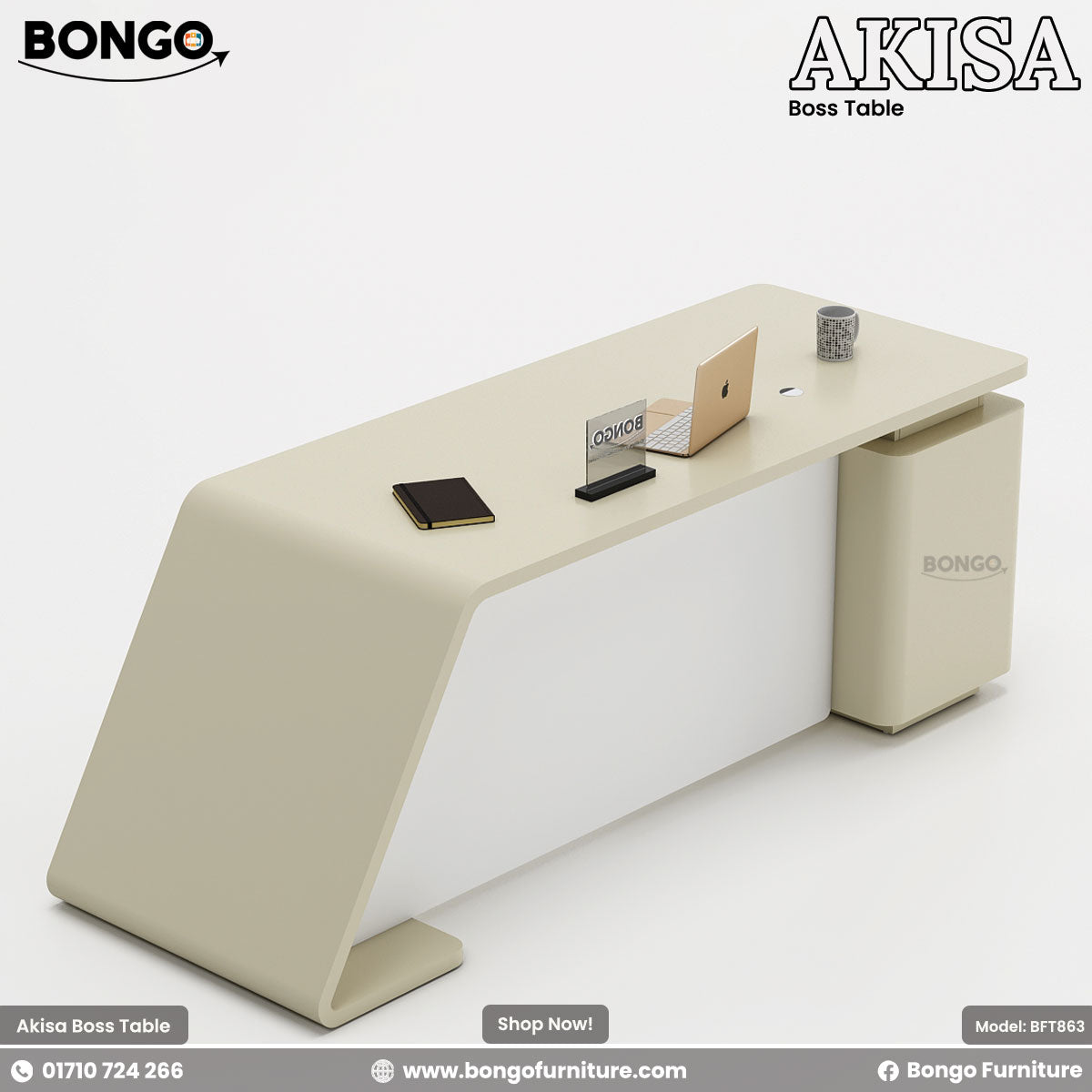 A promotional image showcasing the "AKISA Boss Table," a modern executive desk. The desk is a light beige or cream color with a minimalist, flowing design. The desktop curves down on the left side to form a thick, angled leg. On the right, it is supported by a matching rectangular pedestal. A white modesty panel is set between the supports. On the desk are a laptop, a mug, and a notebook. The "BONGO" and "AKISA" brand names are in the top corners.