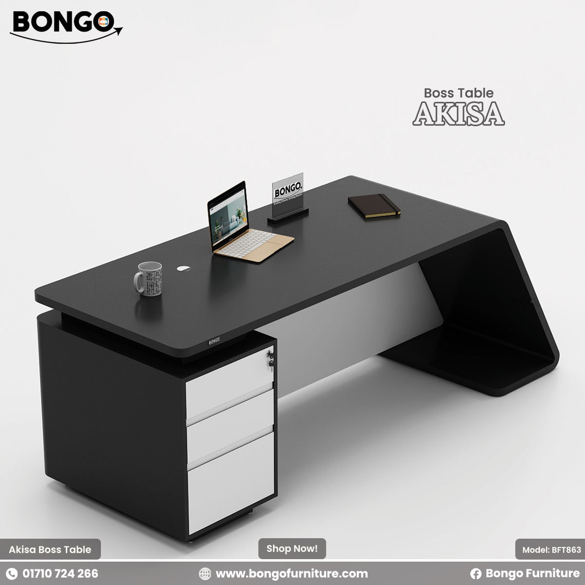 A promotional image of a modern executive desk, branded "AKISA Boss Table". The desk has a black top and a sleek, contemporary design. One side is supported by a solid, curved black leg, while the other rests on a black pedestal with three white drawers. On the desktop, there is an open laptop, a mug, and a small notebook. The "BONGO" logo is displayed in the top-left corner and on a small sign on the desk.