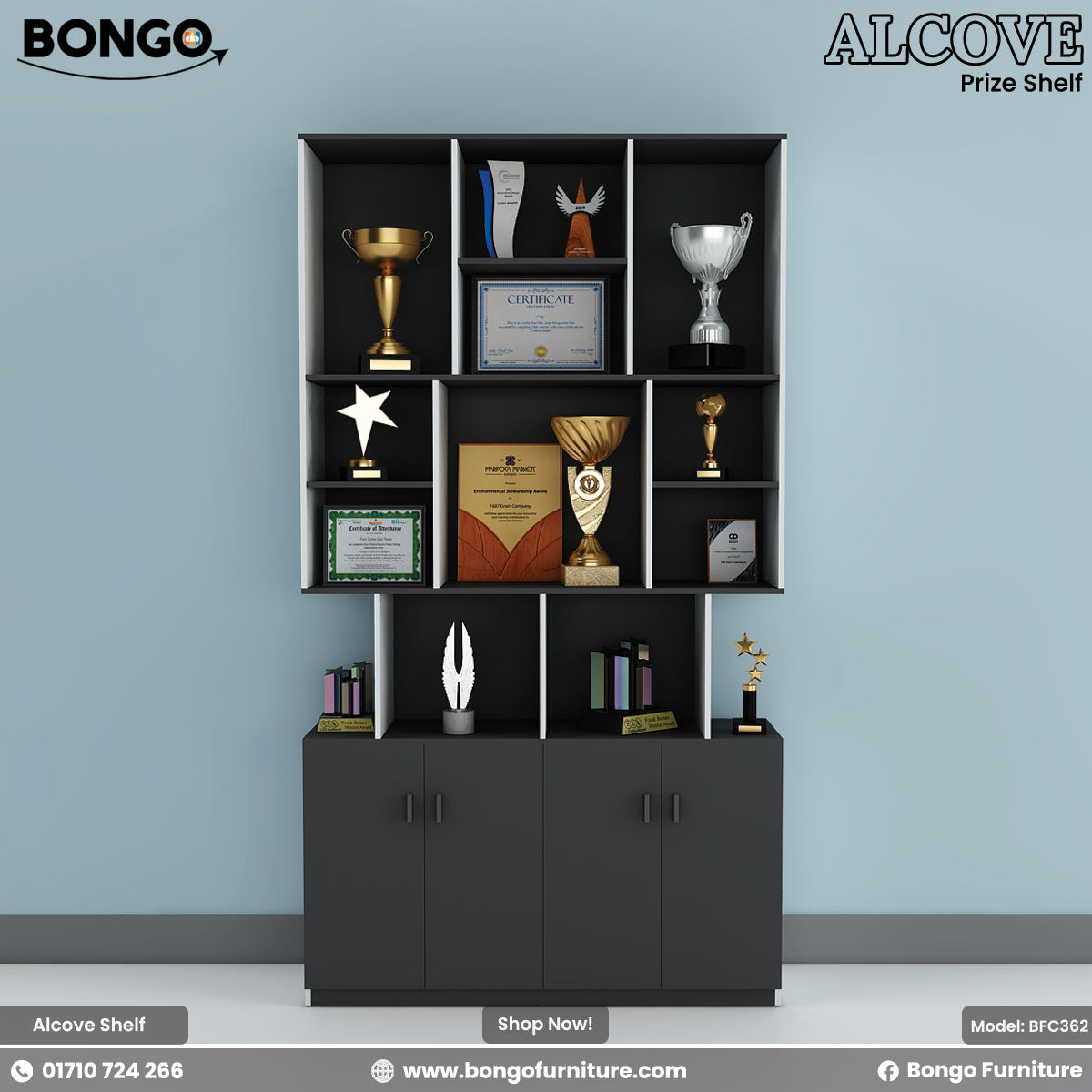 Black 'Alcove' prize shelf with trophies and certificates against a blue wall, featuring Bongo Furniture branding.