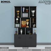 Black 'Alcove' prize shelf with trophies and certificates against a blue wall, featuring Bongo Furniture branding.