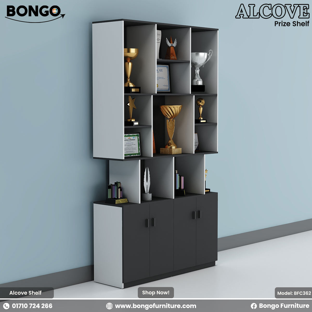 Bongo Alcove Prize Shelf with trophies and awards against a light blue wall.