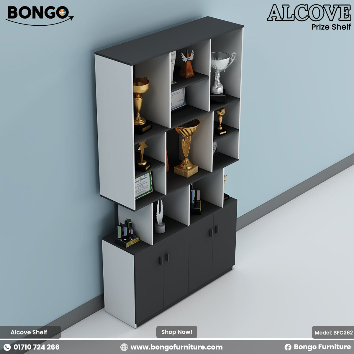 Bongo Alcove Prize Shelf with trophies against a light blue wall
