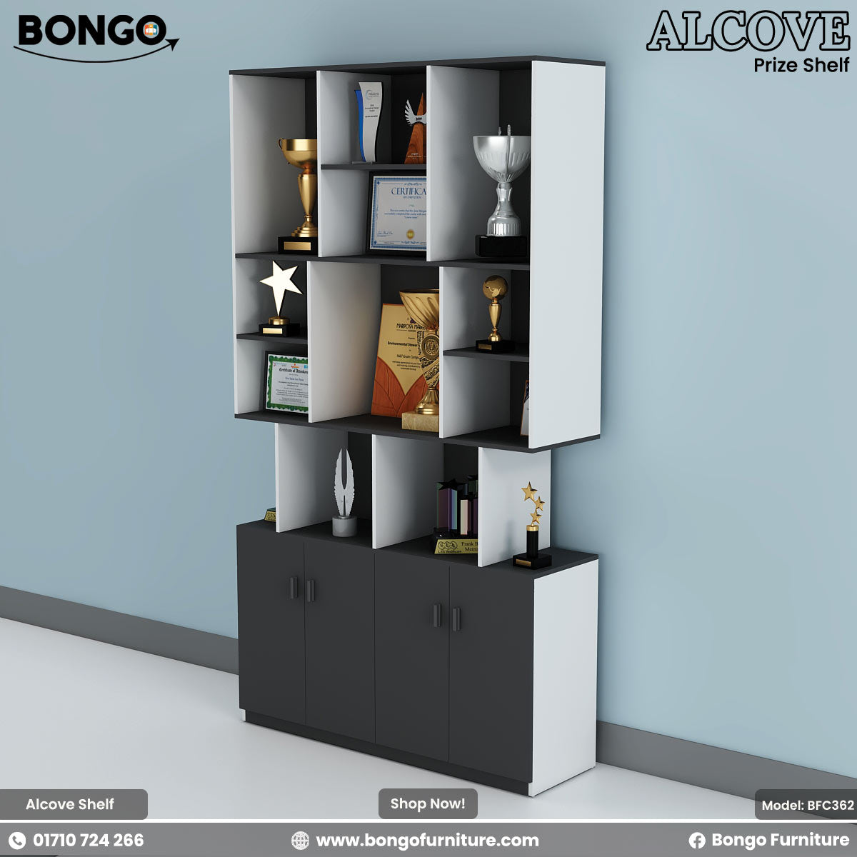 Bongo ALCOVE Prize Shelf with various awards and certificates against a light blue wall.
