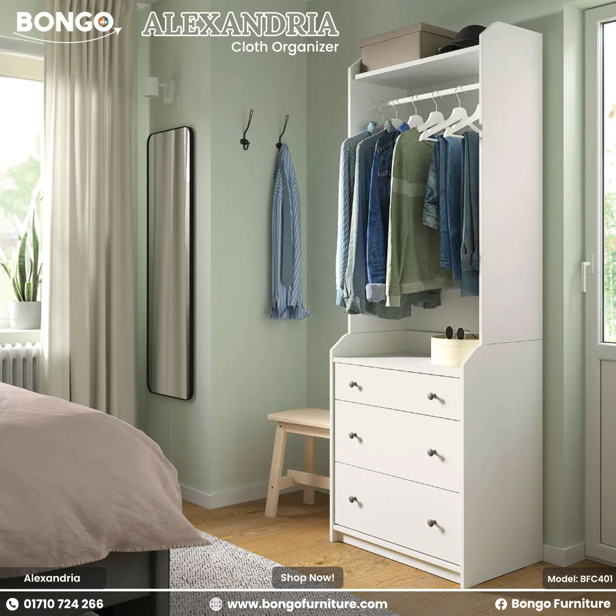 White Alexandria cloth organizer with clothes in a bedroom setting, featuring Bongo Furniture branding.