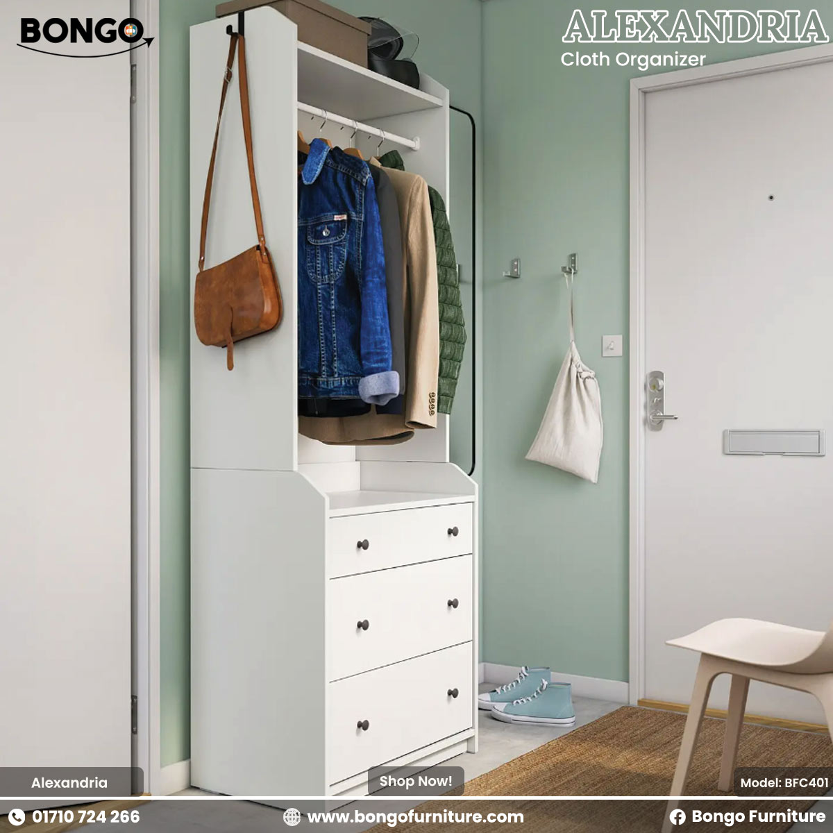 White cloth organizer with clothes and bags in a room setting, featuring Bongo Furniture branding.