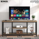 Water Resistant Strong Laminated Board TV stand with a television displaying a home screen, featuring Bongo and Alpine brands.