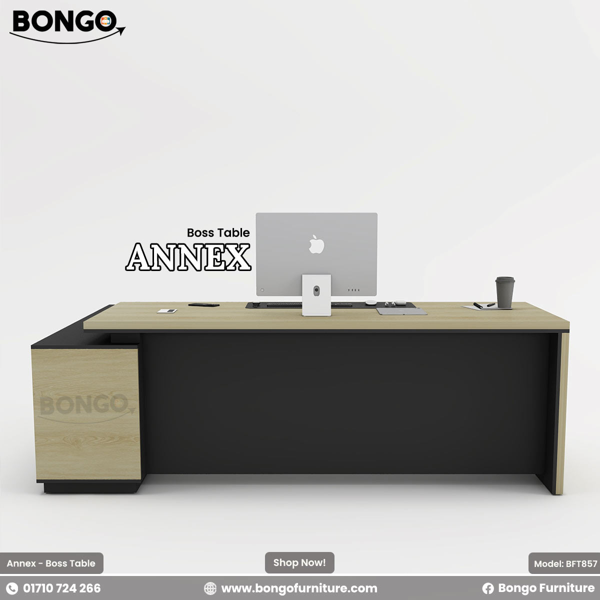 Modern office desk with computer monitor on a white background, featuring Bongo Furniture branding.