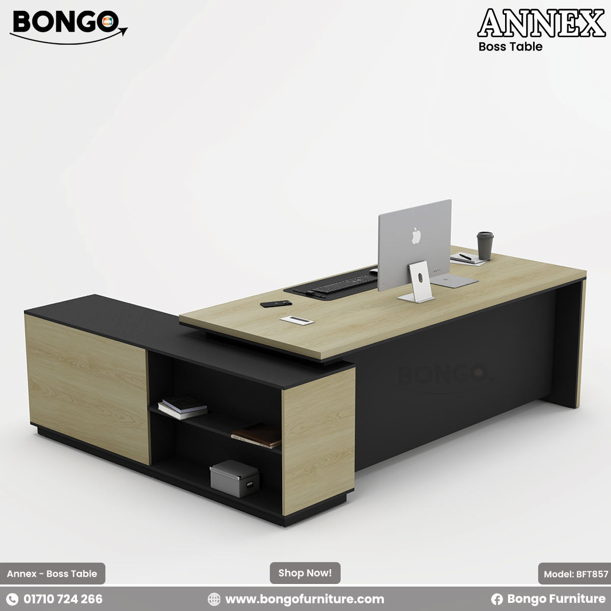 Modern office desk with Bongo Furniture branding on a white background