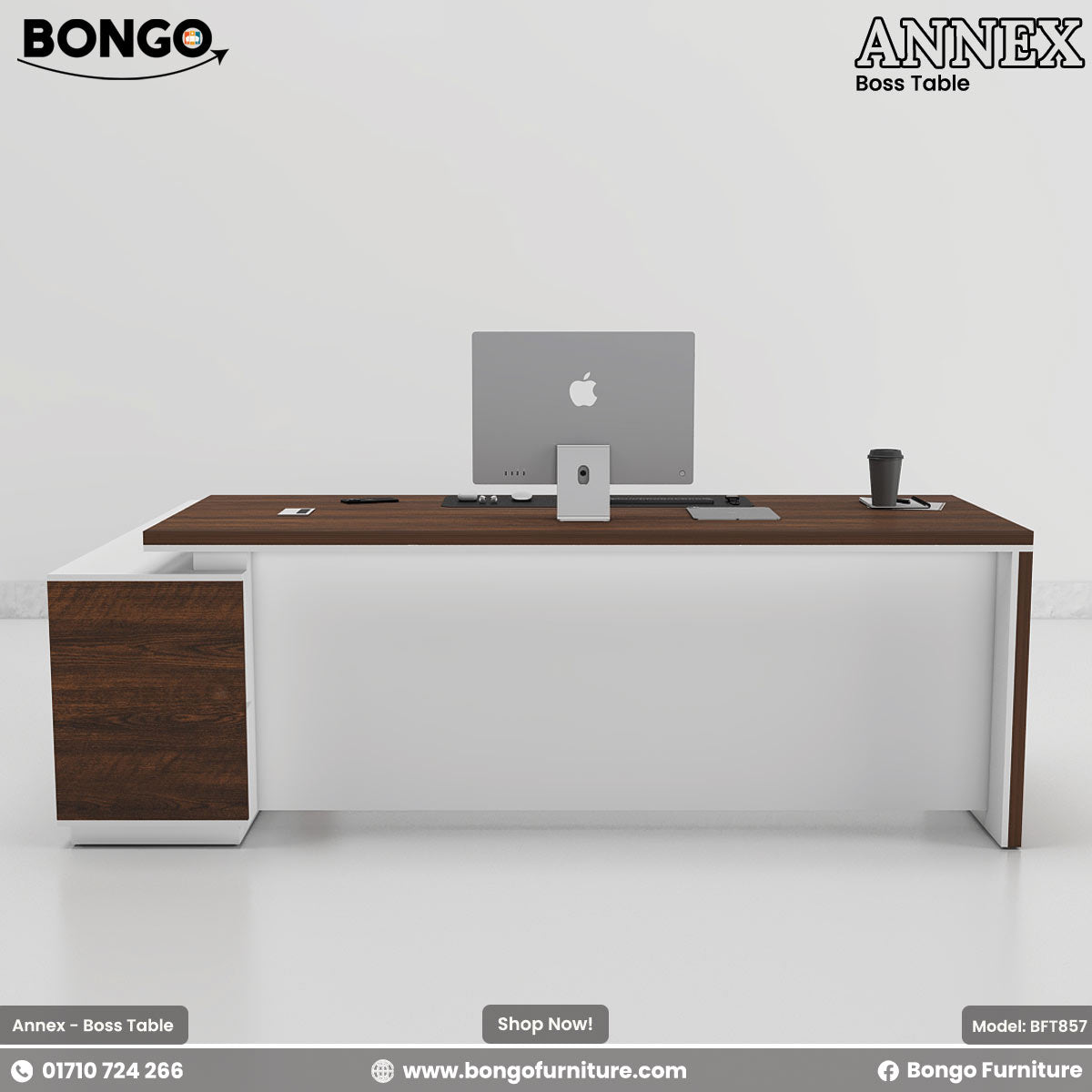 Modern office desk with a computer monitor on a white background, featuring Bongo Furniture branding.