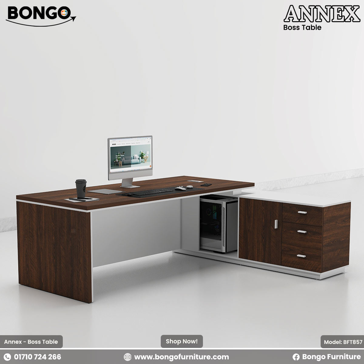 Water Resistant Strong Laminated Board office desk with computer setup on a white background, featuring Bongo Furniture branding.