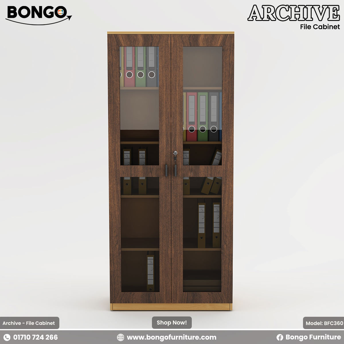 Water Resistant Strong Laminated Board archive file cabinet with glass doors on a white background, featuring the Bongo Furniture brand.