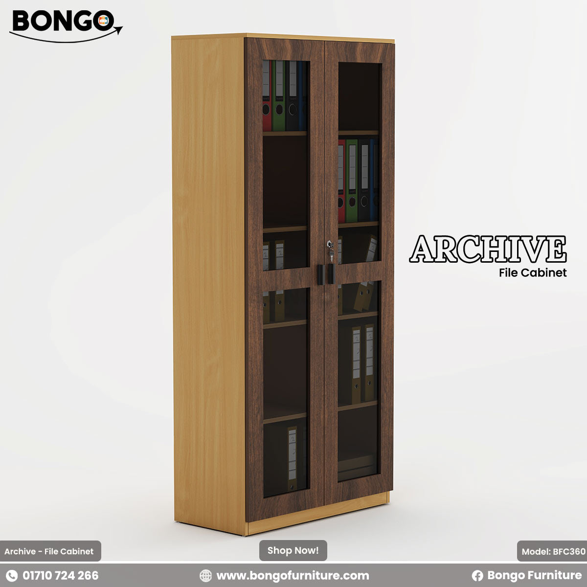 Water Resistant Strong Laminated Board archive file cabinet with glass doors on a white background, featuring the Bongo Furniture brand.