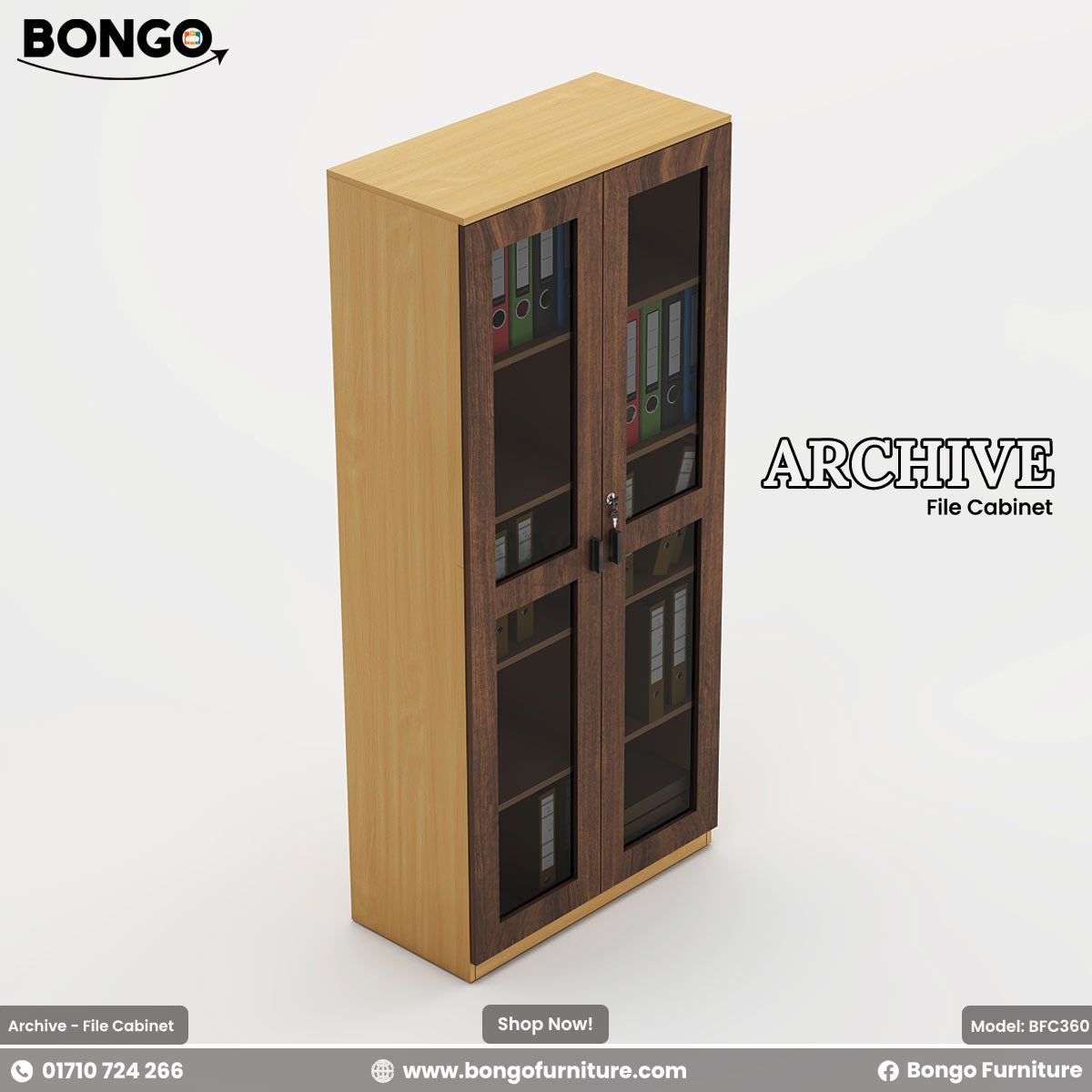 Water Resistant Strong Laminated Board archive file cabinet with glass doors on a white background, featuring the Bongo Furniture brand.