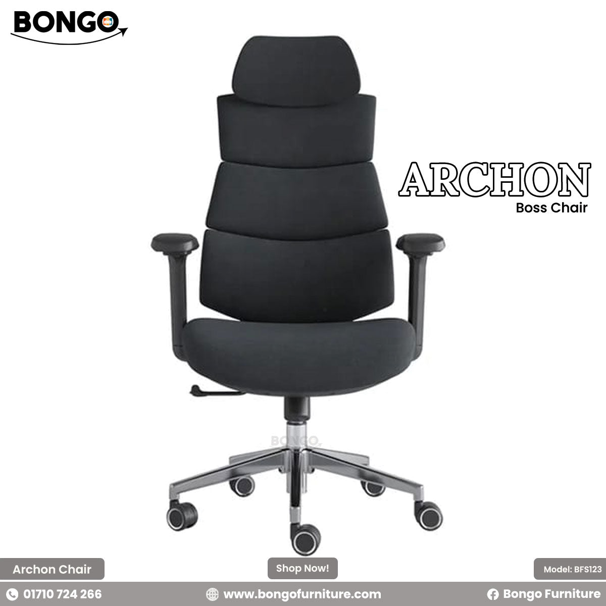 A promotional, front-facing image of the "ARCHON Boss Chair" by Bongo, shown in solid black. The modern high-back executive chair is upholstered in black fabric and features a distinctive segmented backrest composed of four horizontal padded cushions, topped with an adjustable headrest. It has black armrests and a five-star polished chrome base with caster wheels, and is set against a plain white background.