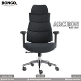 A promotional, front-facing image of the "ARCHON Boss Chair" by Bongo, shown in solid black. The modern high-back executive chair is upholstered in black fabric and features a distinctive segmented backrest composed of four horizontal padded cushions, topped with an adjustable headrest. It has black armrests and a five-star polished chrome base with caster wheels, and is set against a plain white background.