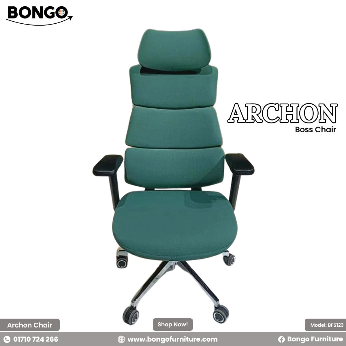 A promotional, front-facing image of the "ARCHON Boss Chair" by Bongo. The modern high-back executive chair is upholstered in a deep teal-green fabric. It features a distinctive segmented backrest composed of four horizontal padded cushions, topped with an adjustable headrest. The chair has black armrests and a five-star polished chrome base with caster wheels, and is set against a plain white background.