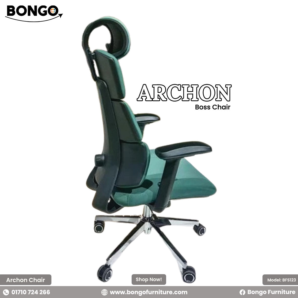 A promotional, front-facing image of the "ARCHON Boss Chair" by Bongo. The modern high-back executive chair is upholstered in a deep teal-green fabric. It features a distinctive segmented backrest composed of four horizontal padded cushions, topped with an adjustable headrest. The chair has black armrests and a five-star polished chrome base with caster wheels, and is set against a plain white background.