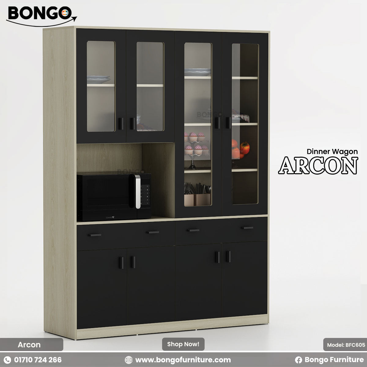 Furniture piece with glass doors and black lower section on a white background, featuring Bongo Furniture branding.