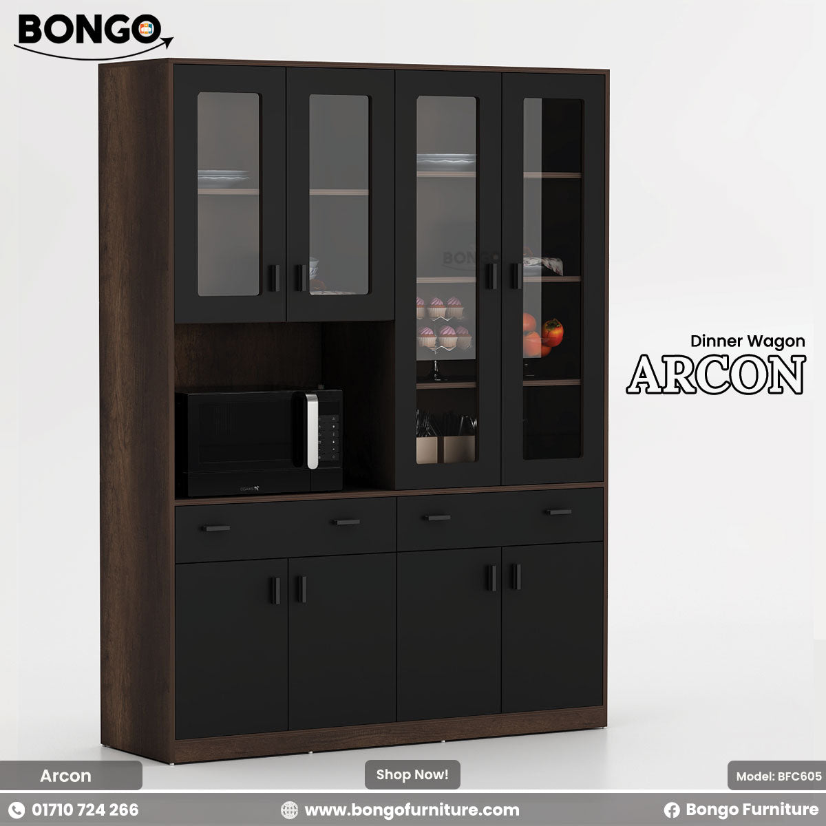 Black and brown cabinet with glass doors and microwave on a white background, featuring Bongo Furniture branding.