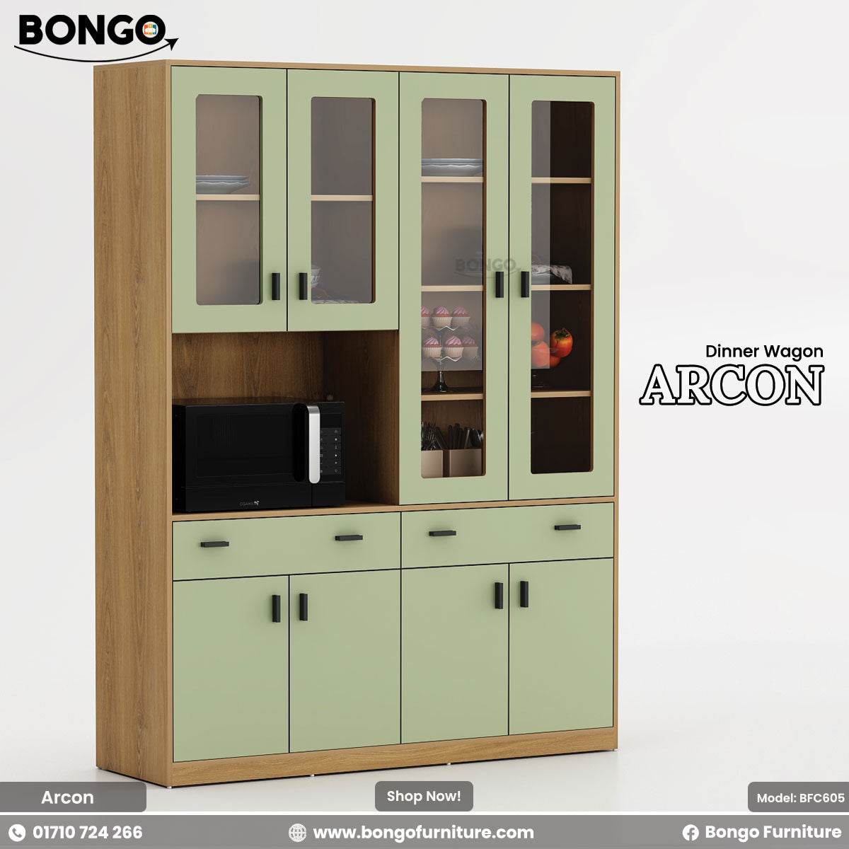 Green and brown cabinet with glass doors and Water Resistant Strong Laminated Board base, featuring Bongo Furniture branding.