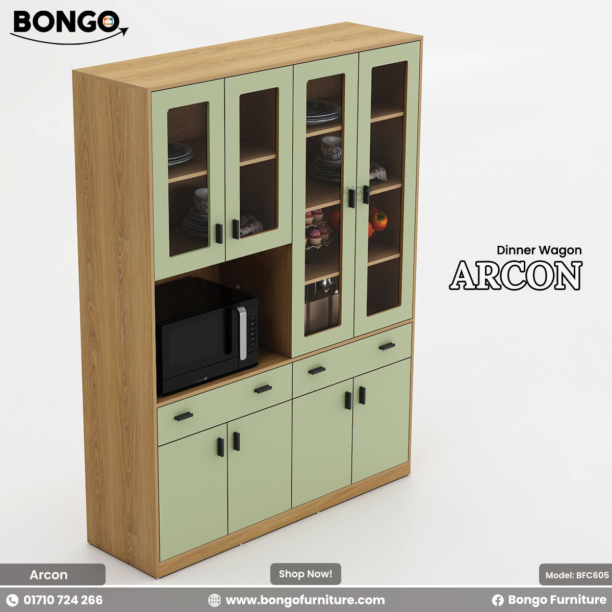 Kitchen cabinet with green doors and Water Resistant Strong Laminated Board top, featuring Bongo Furniture branding.