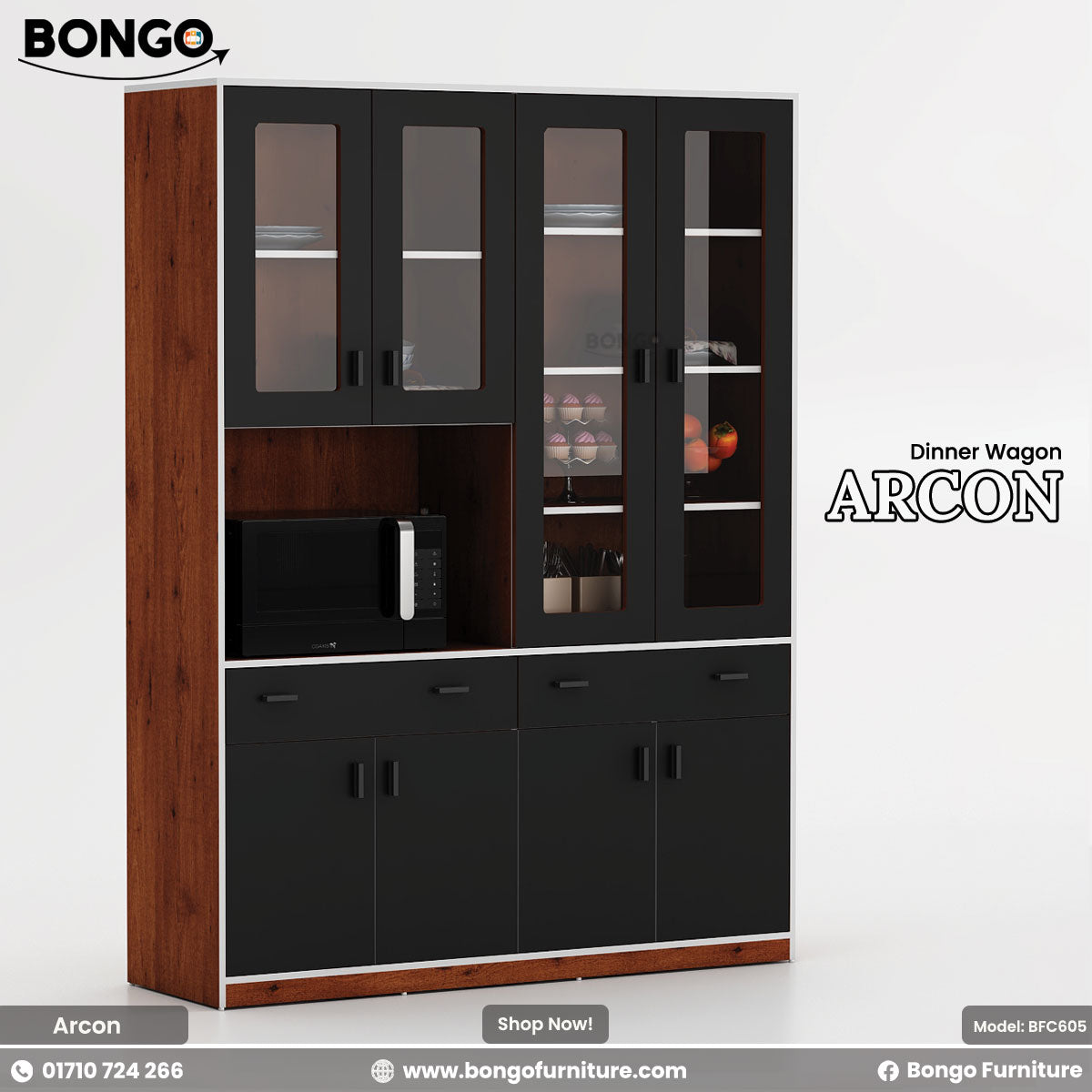 Bongo Furniture Arcon Dinner Water Resistant Strong Laminated Board cabinet with Water Resistant Strong Laminated Board and black design on a white background