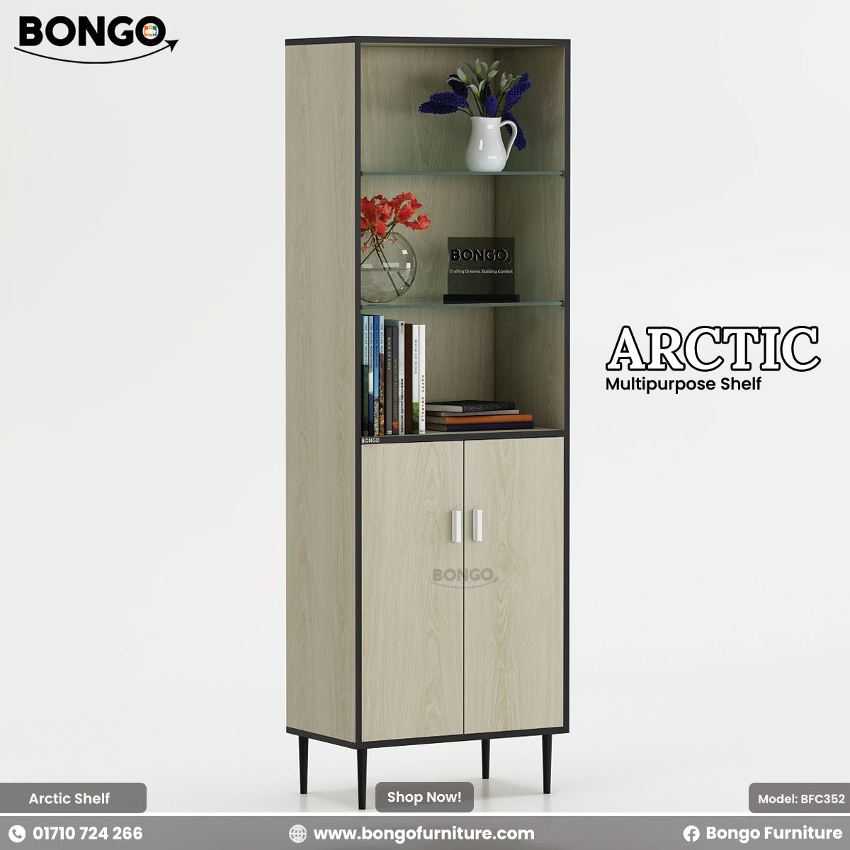 A product image of the "ARCTIC Multipurpose Shelf," a tall, narrow storage tower. The unit features a light wood grain finish with a contrasting dark trim and stands on four slim, black legs. The bottom half is a two-door cabinet with silver handles, while the top half consists of three open, glass display shelves. The shelves are styled with books and small vases of flowers. The "BONGO" brand logo is in the top-left corner.