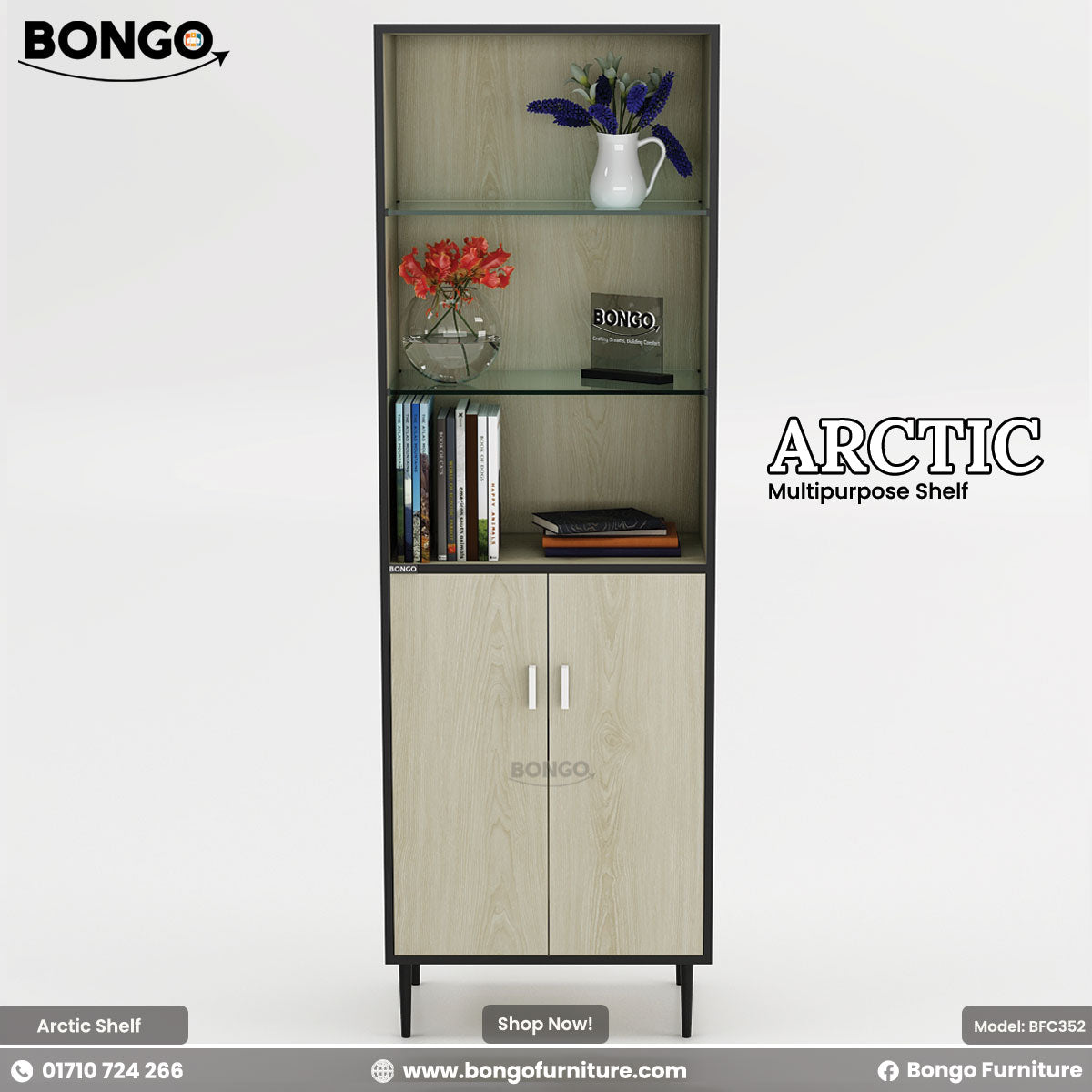 A product image of the "ARCTIC Multipurpose Shelf," a tall, narrow storage tower. The unit features a light wood grain finish with a contrasting dark trim and stands on four slim, black legs. The bottom half is a two-door cabinet with silver handles, while the top half consists of three open, glass display shelves. The shelves are styled with books and small vases of flowers. The "BONGO" brand logo is in the top-left corner.