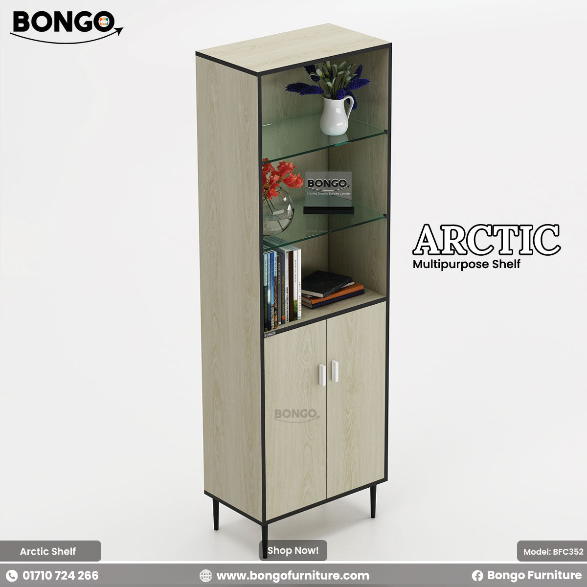 A product image of the "ARCTIC Multipurpose Shelf," a tall, narrow storage tower. The unit features a light wood grain finish with a contrasting dark trim and stands on four slim, black legs. The bottom half is a two-door cabinet with silver handles, while the top half consists of three open, glass display shelves. The shelves are styled with books and small vases of flowers. The "BONGO" brand logo is in the top-left corner.