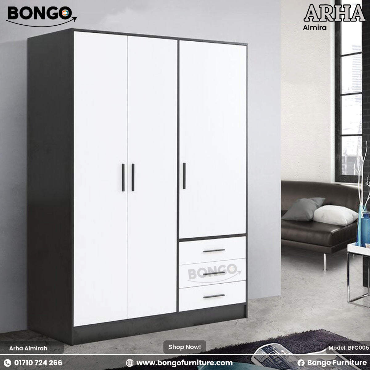 Black and white wardrobe with drawers in a room setting, featuring Bongo Furniture branding.