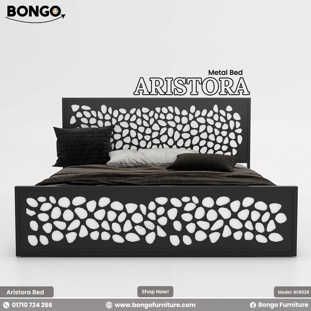 A promotional image of the "ARISTORA Metal Bed" by Bongo. The modern bed frame is made of black metal and features a distinctive decorative design. Both the tall, rectangular headboard and the matching lower footboard have a laser-cut pattern of organic, leaf-like or pebble shapes. The bed is made with dark brown and grey bedding and is set against a plain, light grey background.