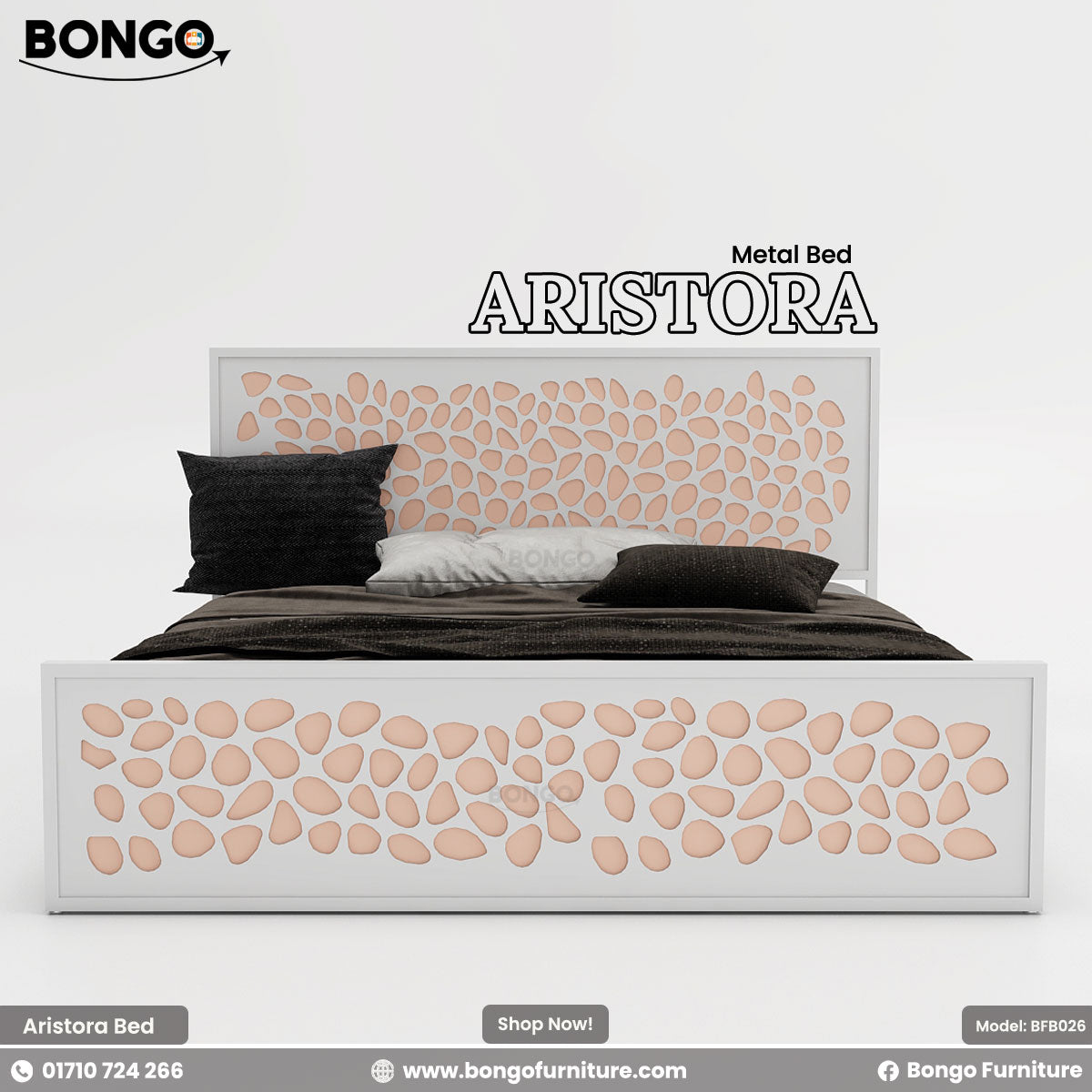 A promotional, front-facing image of the "ARISTORA Metal Bed" by Bongo, shown in a white and rose-gold color scheme. The modern metal bed frame is finished in white. The tall headboard and matching lower footboard feature a decorative laser-cut pattern of organic, pebble-like shapes, which are backed by a light peachy-pink or rose-gold colored panel. The bed is made with dark brown and black bedding and is set against a plain, light grey background.