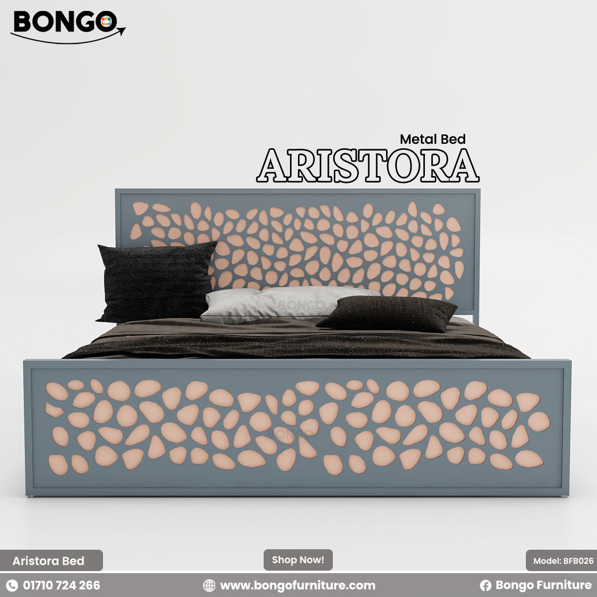 A promotional, front-facing image of the "ARISTORA Metal Bed" by Bongo, presented in a slate-grey and rose-gold color scheme. The modern metal bed frame is a muted blue-grey color. The tall headboard and matching lower footboard feature a decorative laser-cut pattern of organic, pebble-like shapes, which are backed by a light peachy-pink or rose-gold colored panel, creating a stylish two-tone effect. The bed is made with dark brown and black bedding and is set against a plain, light grey background.