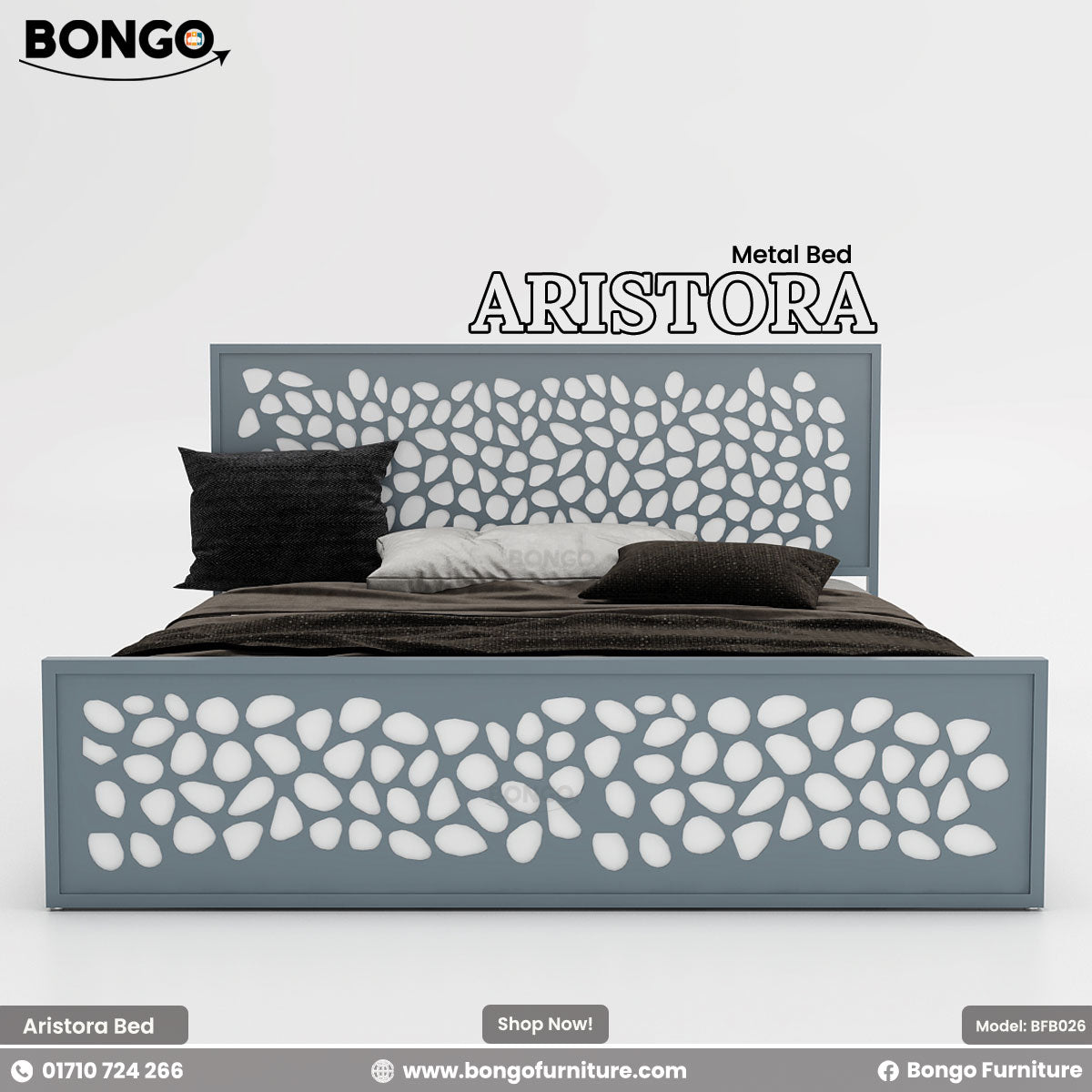 A promotional image of the "ARISTORA Metal Bed" by Bongo, presented in a grey and white color scheme. The modern bed frame is made of slate-grey metal. The tall, rectangular headboard and matching lower footboard feature a decorative laser-cut pattern of organic, pebble-like shapes. The grey cutout panel is backed by a solid white panel, creating a high-contrast, two-tone effect. The bed is made with dark brown and black bedding and is set against a plain, light grey background.