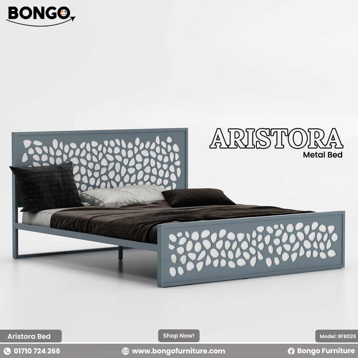 A promotional image of the "ARISTORA Metal Bed" by Bongo, presented in a grey and white color scheme. The modern bed frame is made of slate-grey metal. The tall, rectangular headboard and matching lower footboard feature a decorative laser-cut pattern of organic, pebble-like shapes. The grey cutout panel is backed by a solid white panel, creating a high-contrast, two-tone effect. The bed is made with dark brown and black bedding and is set against a plain, light grey background.