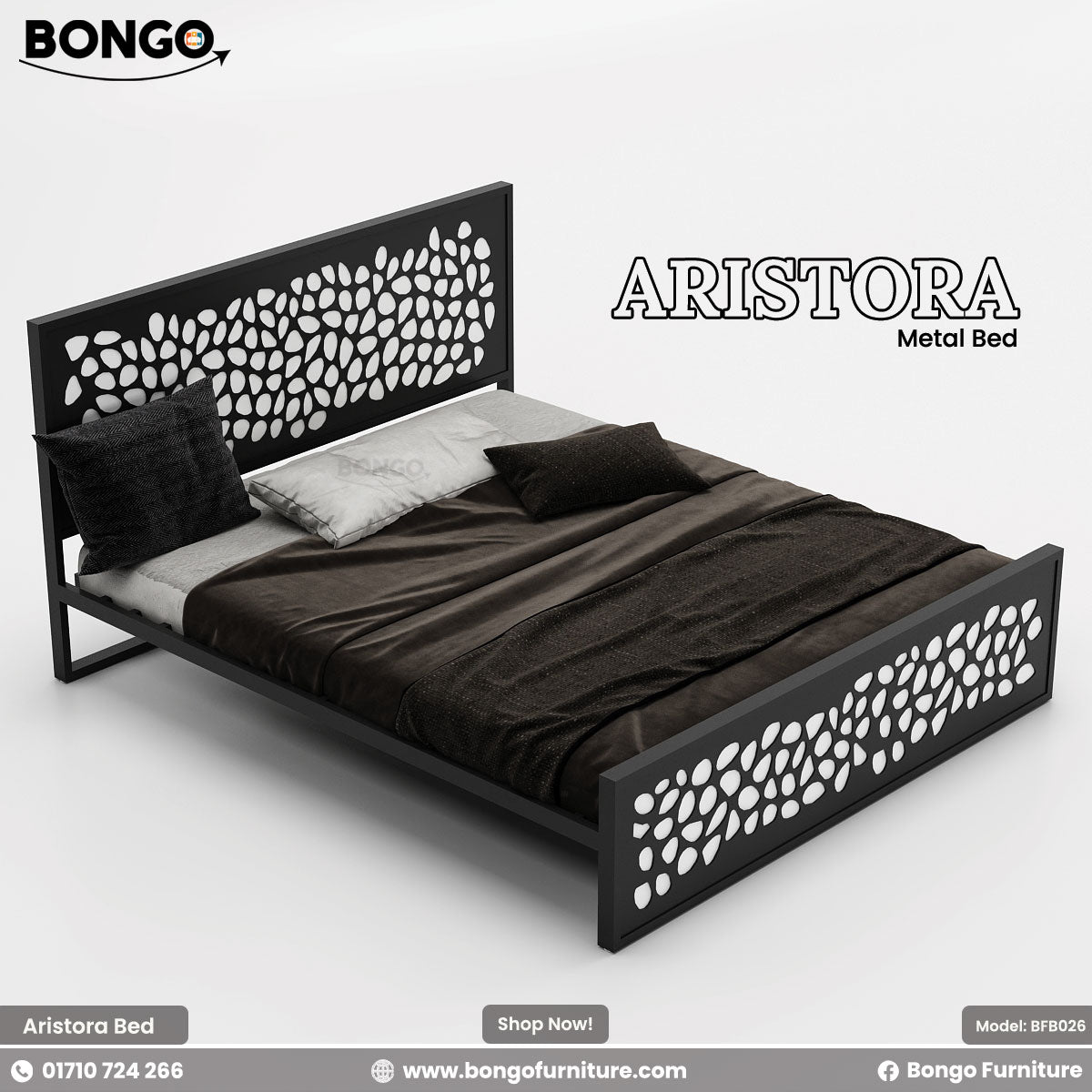 A promotional image of the "ARISTORA Metal Bed" by Bongo. The modern bed frame is made of black metal and features a distinctive decorative design. Both the tall, rectangular headboard and the matching lower footboard have a laser-cut pattern of organic, leaf-like or pebble shapes. The bed is made with dark brown and grey bedding and is set against a plain, light grey background.