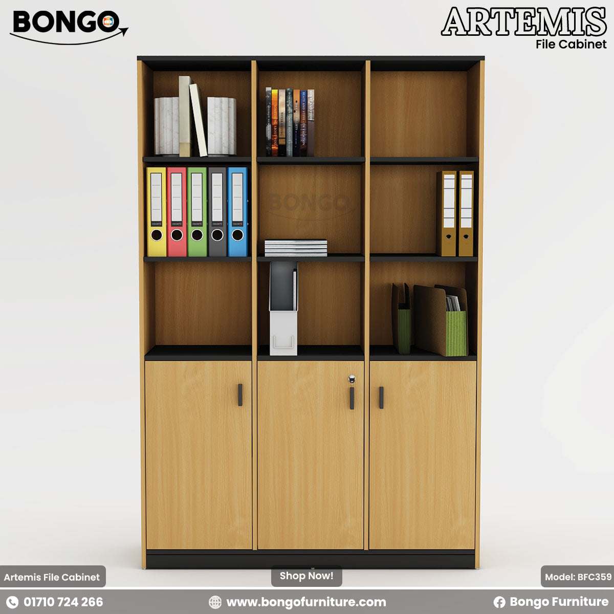 Water Resistant Strong Laminated Board file cabinet with books and binders on a white background, featuring Bongo Furniture branding.