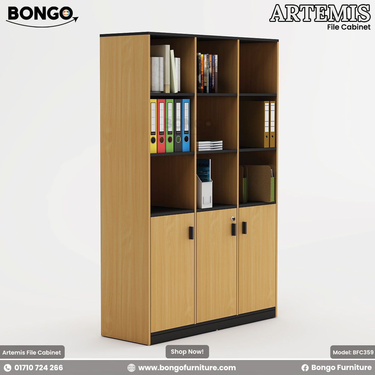 Water Resistant Strong Laminated Board file cabinet with books and binders on a white background, featuring Bongo Furniture branding.