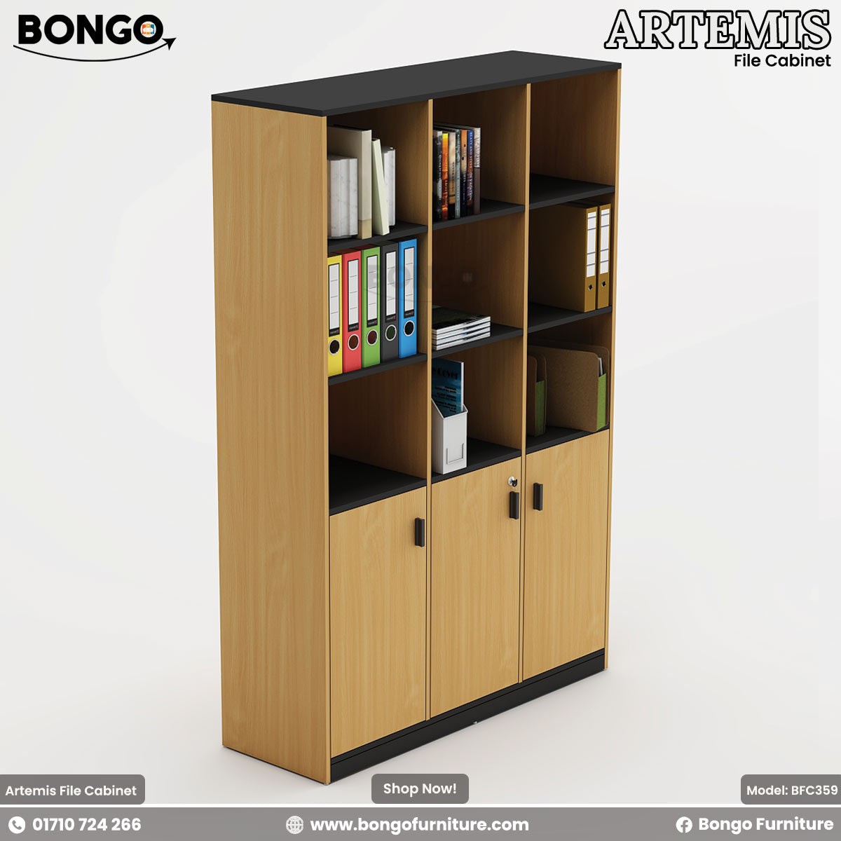 Water Resistant Strong Laminated Board file cabinet with books and binders on a white background, featuring Bongo Furniture branding.