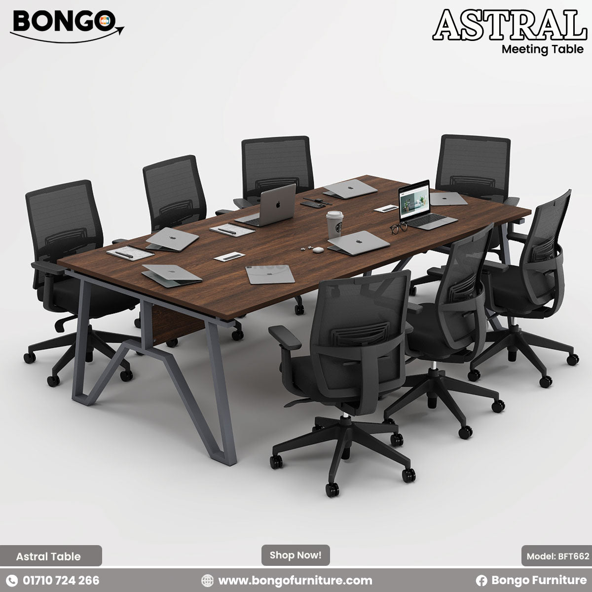 A conference table with chairs and laptops on a white background, featuring Bongo and Astral branding.